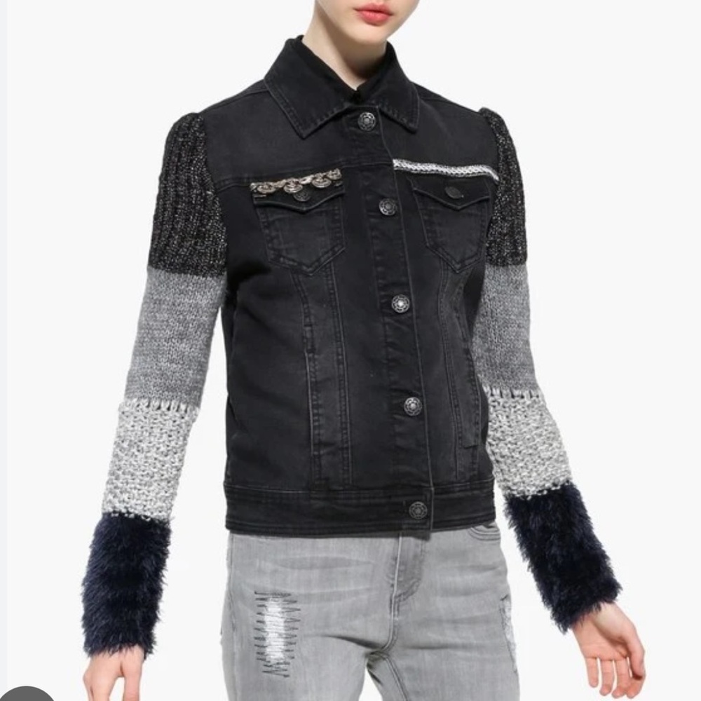 Desigual Black Denim Jacket with Gray and Navy Sleeve Accents